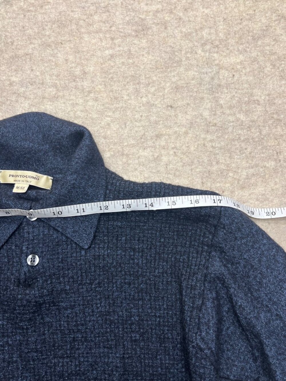 Vintage Pronto Uomo Blue Merino Wool Polo Sweater Solid Lightweight Medium Italy - Picture 10 of 10